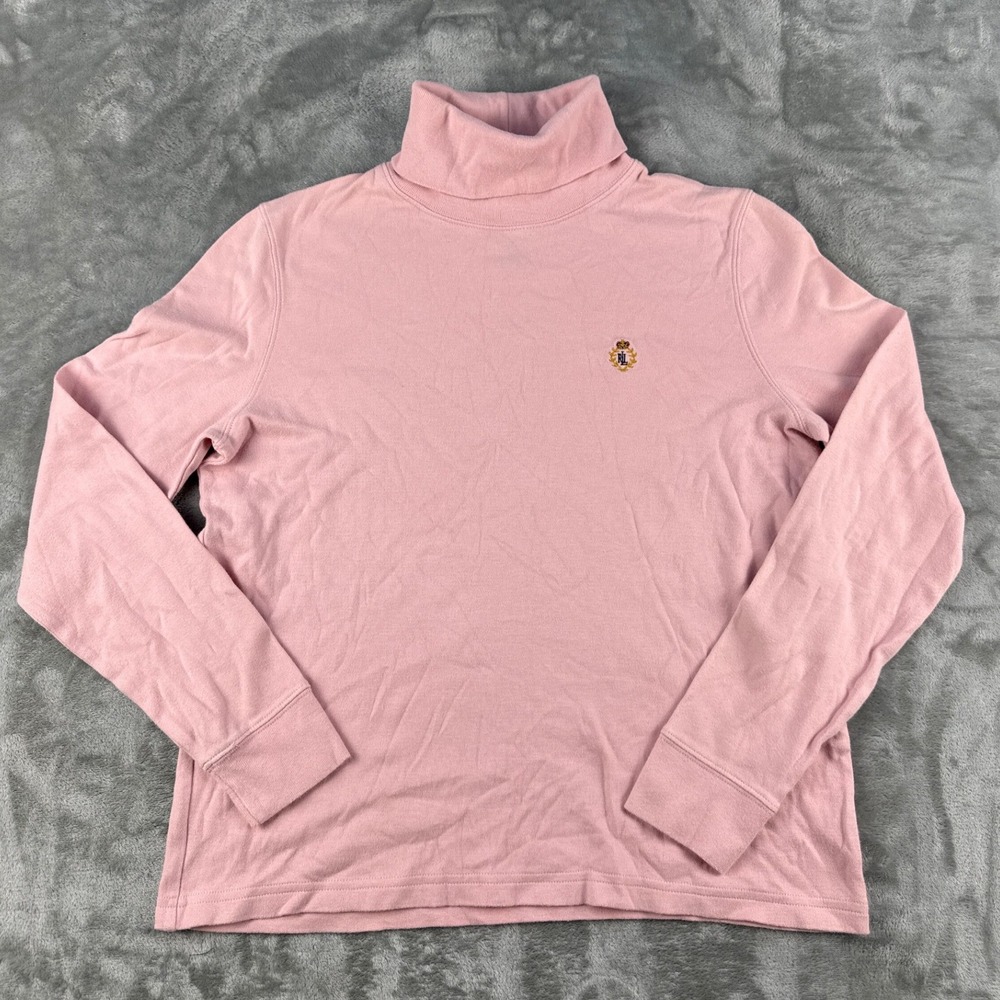 Lauren Ralph Lauren Pink Cotton Turtleneck Embroidered Crest Logo Top Small